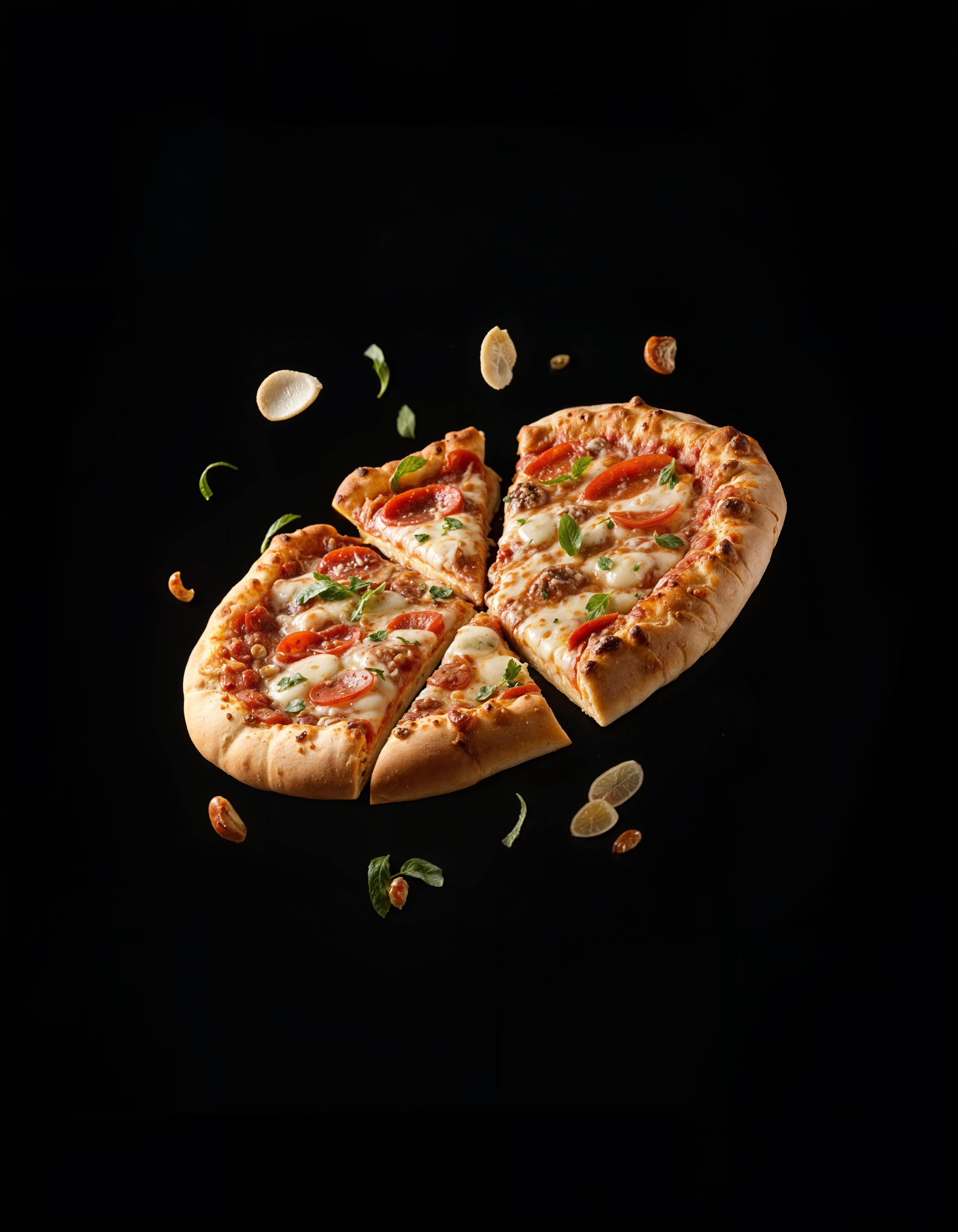 Pizza with floating slices and ingredients